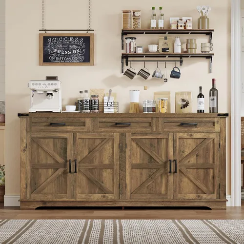 Miniatura 10 de usikey Aparador grande de 61 pulgadas con 4 puertas y 3 cajones, mesa de buffet de granja, armario de almacenamiento de comedor para cocina o sala
