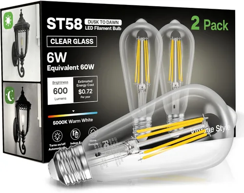 Miniatura 9 de Bombillas del amanecer al anochecer, 6 W equivalente a 60 W, blanco suave 2700 K, base E26, detección de luz, estilo vintage ST58, 600 lm, bombillas