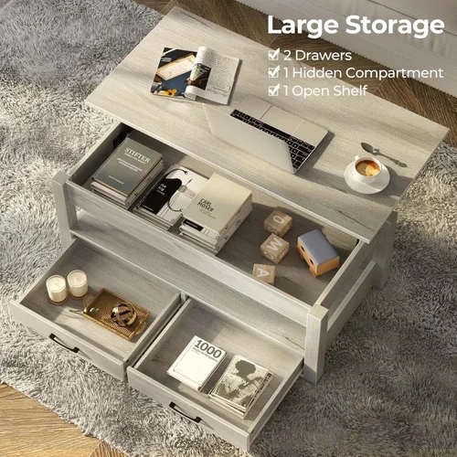 Miniatura 5 de Rolanstar - Mesa auxiliar, mesa de centro con cajones y compartimento oculto, mesa de sala de estar con tablero de elevación de madera, para sala