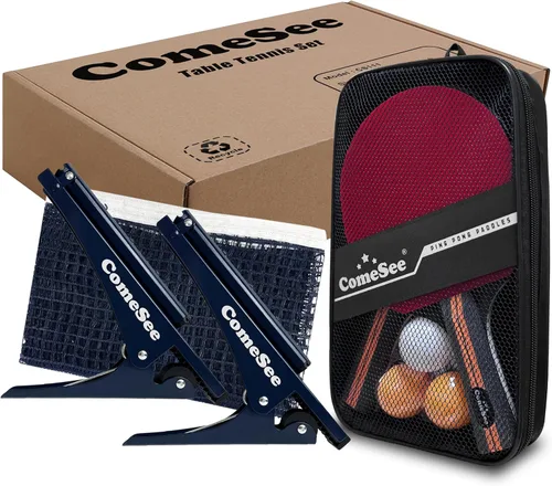 Comesee Red de ping pong con abrazaderas plegables y juego de palas, raquetas y pelotas de tenis de mesa, postes de clip activados por resorte y