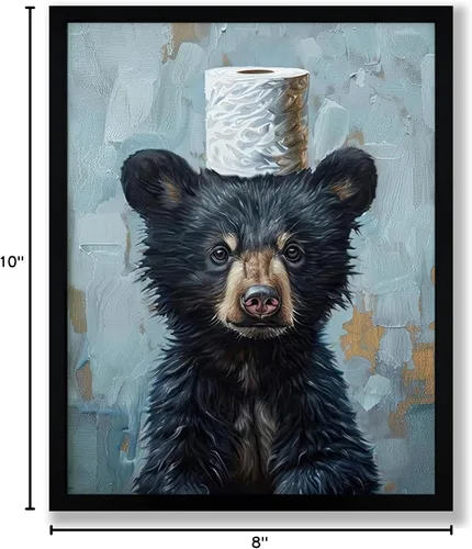 Miniatura 8 de Arte de pared de lienzo enmarcado para baño con oso negro tierno, decoración divertida para baño con animales, adorable oso con papel higiénico