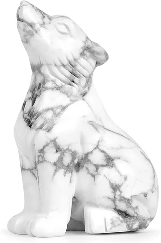 Howlite - Estatua de lobo de cristal de 2 pulgadas para decoración del hogar, oficina, escultura de piedras curativas, figura coleccionable de