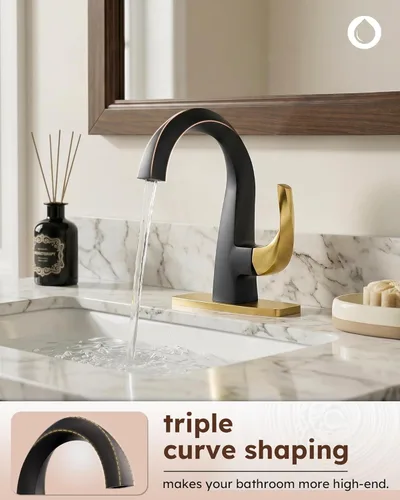 Miniatura 3 de WOWOW Grifo de Baño de Una Sola Manija 1 Agujero Grifo de Lavabo de Arco Alto en Negro y Oro con Drenaje Emergente, Grifo de Baño de Latón Sólido