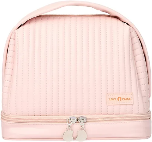Bolsa de cosméticos para mujer, bolsa de aseo con un compartimento separado, bolsa de maquillaje de viaje con soporte para cepillos extraíble, Rosa