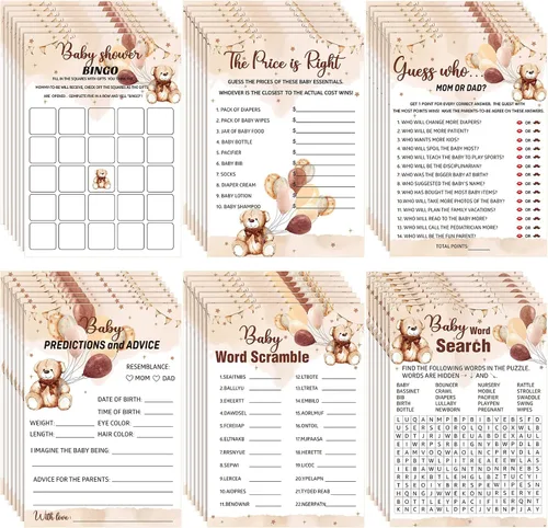 Miniatura 7 de Jetec Juego de 302 piezas para baby shower con temática de oso, 6 juegos que incluyen sopa de letras de baby shower, búsqueda de palabras