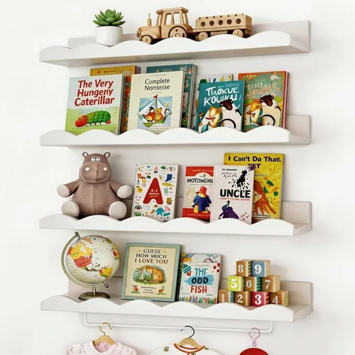 Miniatura 8 de Fixwal Estantes flotantes de 16.5 pulgadas para libros de guardería, juego de 4 estantes de pared festoneados con toallero para niños, habitación