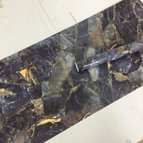 Miniatura 5 de REDODECO Papel adhesivo de mármol de piedra azul, papel adhesivo de granito brillante, envoltura de vinilo para encimera de cocina, papel