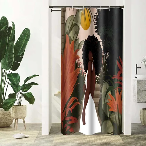 Miniatura 4 de Cortina de ducha de mujer afroamericana, sexy, de 36 x 72 pulgadas, poliéster, abstracto, bohemio, tropical, hojas de plantas tropicales, juego