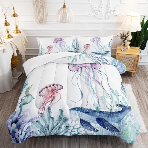 Miniatura 20 de AILONEN Lindo juego de edredón de ajolote tamaño Queen, 3 piezas para niños y niñas, ropa de cama en una bolsa, ropa de cama costera azul turquesa