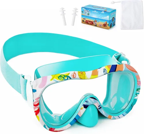 Miniatura 14 de Gafas de natación para niños con cubierta para la nariz, máscara de esnórquel panorámica de 180° con diseño antivaho y antifugas, correa de tela
