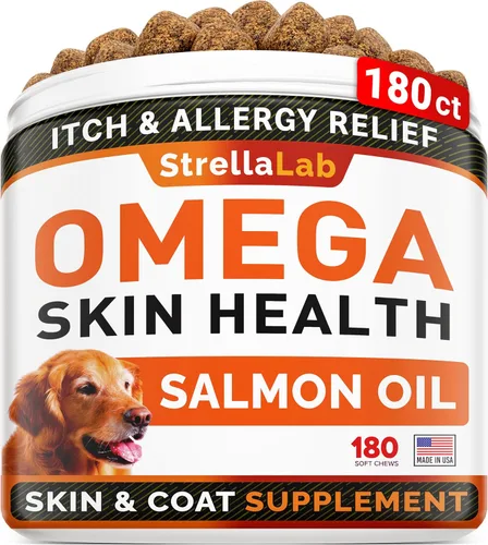 Miniatura 14 de StrellaLab Omega 3 para perros – (360 unidades) Golosinas de aceite de pescado – Alivio de alergias y picazón Suplemento de piel y pelaje – Piel