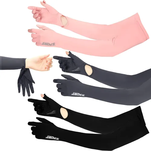 Miniatura 8 de 3 pares de guantes de sol largos UV para mujer, pantalla táctil, guantes protectores de dedo completo UPF 50+ para deportes al aire libre