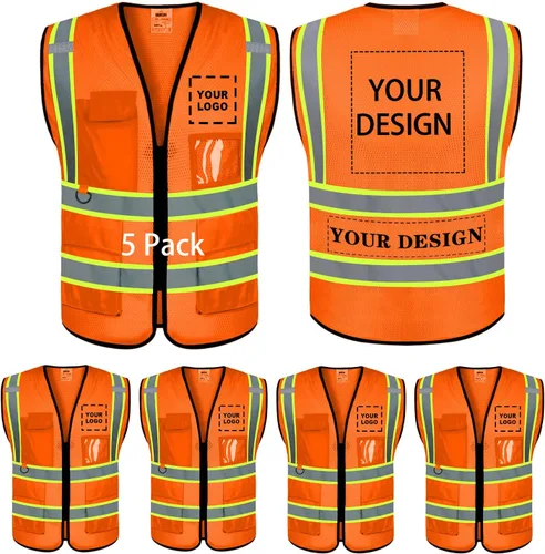 Miniatura 14 de Chaleco de seguridad con logotipo personalizado de alta visibilidad, chaleco reflectante clase 2, ropa de trabajo de construcción con 5 bolsillos