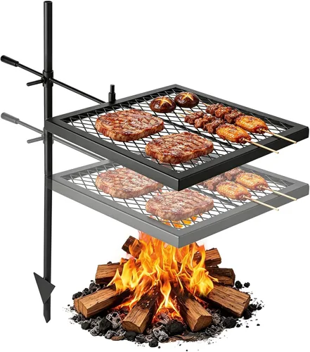Miniatura 10 de VEVOR Parrilla giratoria para fogata, parrilla para hoyo de fuego con rejilla sobre hoyos de fuego, rejillas de parrilla de acero resistentes
