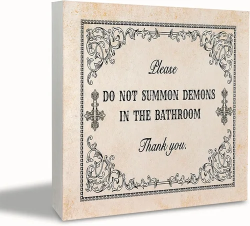 KEUSPI Divertido letrero de madera para baño con diseño de bruja gótica, con texto en inglés "Please Do Not Summon Demons In The Bath", placa de