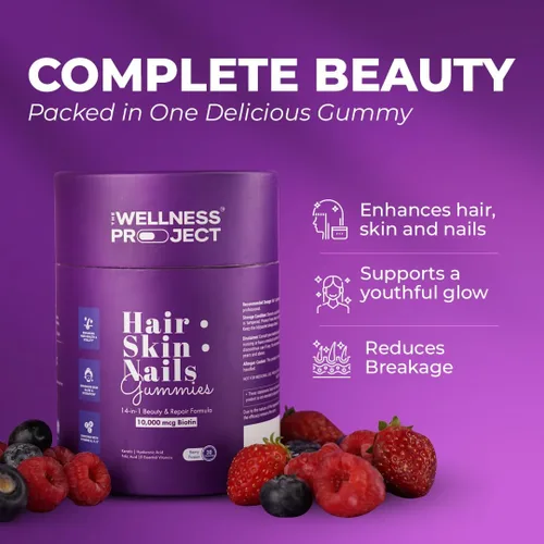 Miniatura 4 de The Wellness Project Gomitas 14 en 1 para Cabello, Piel y Uñas con 10,000 mcg de Biotina, Queratina, Ácido Hialurónico y Fólico, Vitaminas A, B5, B6