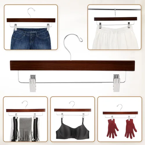 Miniatura 7 de Sieral Paquete de 30 perchas de madera para pantalones con clips de madera maciza, faldas de madera maciza con 2 clips ajustables, gancho giratorio