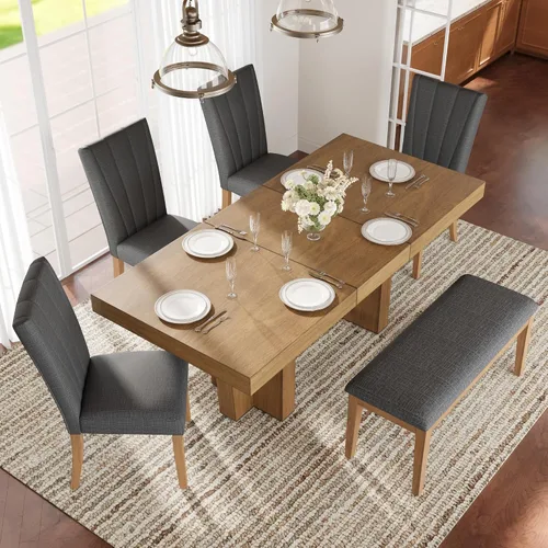 Miniatura 9 de LUMISOL - Juego de mesa de comedor de 6 piezas para 6, juego de mesa de cocina de granja con 4 sillas tapizadas, banco y cajones de almacenamiento