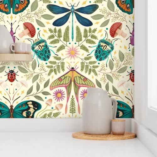 Miniatura 8 de Muestra de papel tapiz extraíble – insecto damasco insecto botánico grande Jumbo polilla mariposa bosque hongo beige verde azul papel pintado