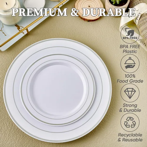 Miniatura 3 de FOCUSLINE Juego de 102 platos de plástico plateados, desechables, resistentes, 51 platos llanos y 51 platos de postre, elegante plato de plástico