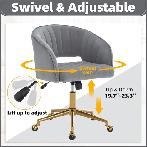Miniatura 3 de ABET Silla de escritorio con ruedas, silla de terciopelo para oficina en casa, sillón giratorio con base dorada, sillas decorativas modernas Gris