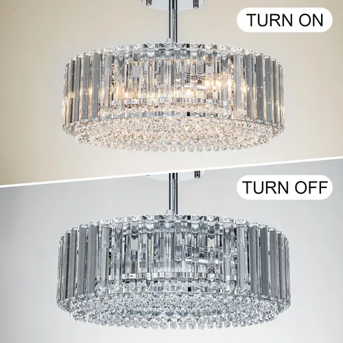 Miniatura 3 de Lingkai Candelabro de Cristal Moderno de 15.8" Cromado Redondo Semi Empotrado Luminaria de Techo Candelabro para Sala de Estar Comedor Dormitorio