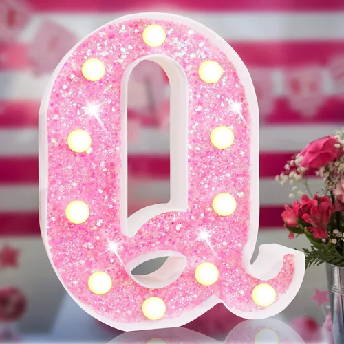 Miniatura 27 de Letras rosas iluminadas, letras del alfabeto con purpurina, letras LED de marquesina, que funcionan con pilas, para iluminar por la noche