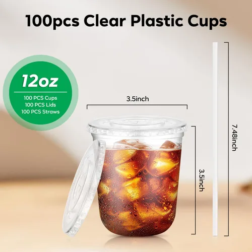 Miniatura 4 de 100 piezas de 12 onzas. Vasos desechables de plástico con tapas planas y popotes transparentes, vasos de fondo redondo para llevar café helado