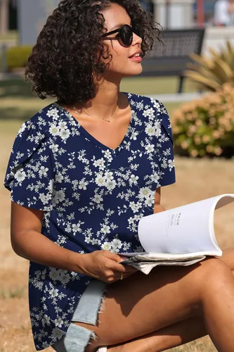 Miniatura 2 de CATHY 2025 - Blusas de verano para mujer, con mangas cortas, cuello en V, estilo túnica, tallas S-4XL