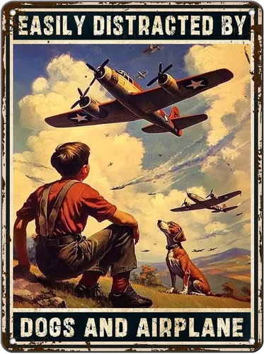 Miniatura 24 de Cartel de avión, póster de metal vintage para habitación de niño, fácil de distraer con perros y aviones, entusiastas militares, arte de pared