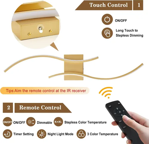Miniatura 4 de KARTOOSH Aplique de pared a pilas con control remoto, colores continuos 3000K-6000K y atenuación, luz de pared LED inalámbrica dorada para sala