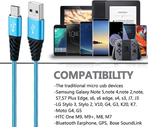 Miniatura 6 de Bynccea Cable micro USB de carga rápida, cable USB Android trenzado de nailon de 6 pies, paquete de 5 cables de carga de teléfono compatible