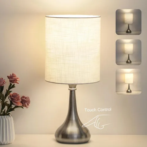 Lámpara de mesa con control táctil, lámpara de noche regulable de 3 vías, lámpara de luz simple con pantalla de lámpara blanca y base de metal