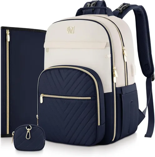 Miniatura 11 de MOMUVO Mochila para pañales, bolsa de bebé acolchada con cambiador, correas para cochecito y funda para chupete, bolsas de pañales de viaje grandes