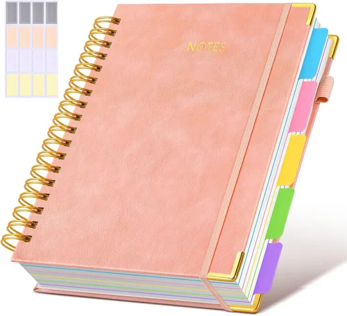 Miniatura 29 de Cuaderno universitario de espiral con tapa dura de cuero de 8 x 10 pulgadas, con pestañas separadoras extraíbles, para 5 materias, a rayas; diario