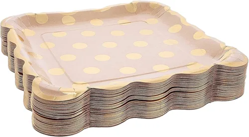 Miniatura 3 de Juvale Platos de papel cuadrados festoneados elegantes platos de almuerzo – 9 pulgadas, lunares de lámina dorada, paquete de 48 – Fiesta desechable