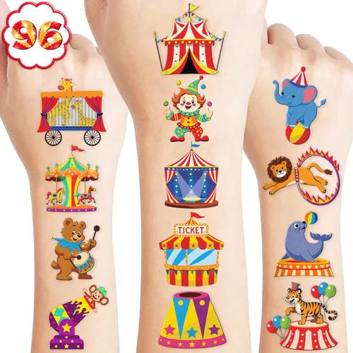 Miniatura 10 de 96 piezas de tatuajes temporales que brillan en la oscuridad para niños, tatuajes falsos de animales de payaso de circo de carnaval, calcomanías