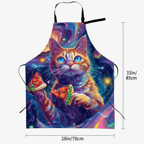 Miniatura 3 de Cosmic Pizza - Delantal de gato para mujer, 28 x 33 pulgadas, delantales de cocina con 2 bolsillos, poliéster, bonito delantal de gato para cocinar