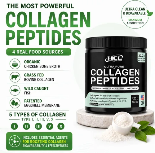 Miniatura 3 de Polvo de péptidos de colágeno con vitamina C y ácido hialurónico, de fuentes orgánicas más limpias y súper alta absorción, multitipo hidrolizado I