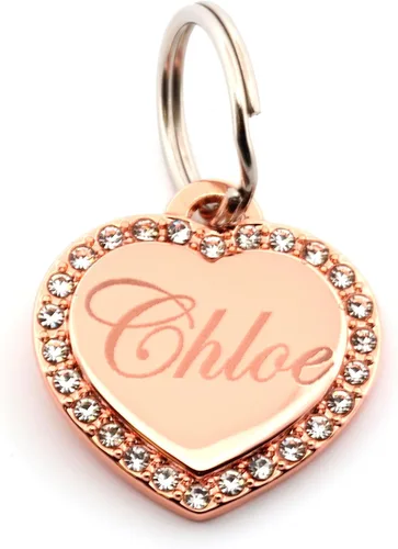 Etiqueta personalizada grabada con pequeñas strass en forma de corazón chapado en oro rosa para mascotas, para perros y gatos