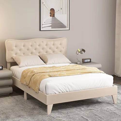 Miniatura 10 de Giantex Base de cama tamaño matrimonial color beige, plataforma tapizada de tela de lino con cabecera de clavos, base de colchón con botones