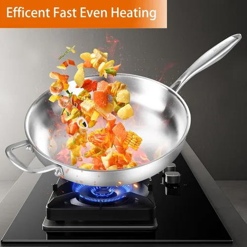 Miniatura 6 de DELARLO Sartén de acero inoxidable de tres capas con tapa de 12 pulgadas, compatible con todas las estufas de hasta 600 ℉, sartén de acero