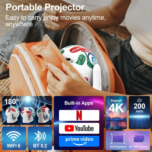 Miniatura 2 de Mini proyector con WiFi y Bluetooth, compatible con 4K, proyector portátil para exteriores con aplicaciones y altavoz, Keystone vertical automático