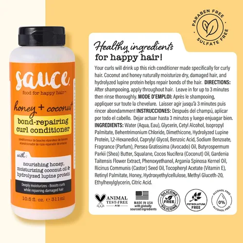 Miniatura 7 de SAUCE Honey + Coconut Bond Repair - Acondicionador para cabello rizado, 10.5 onzas líquidas, controla el encrespamiento, ayuda a reparar el daño