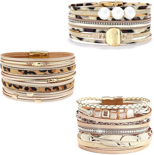 Miniatura 13 de Wowanoo - Juego de 3 pulseras de cuero de varias capas con cierre magnético para mujer, con cristales, ramas de árbol pulseras para mujer.