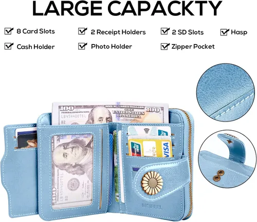 Miniatura 2 de INSIFEEL Billetera pequeña para mujer, bolso compacto de cuero con bloqueo RFID RFID para mujer, Azul claro, Retro