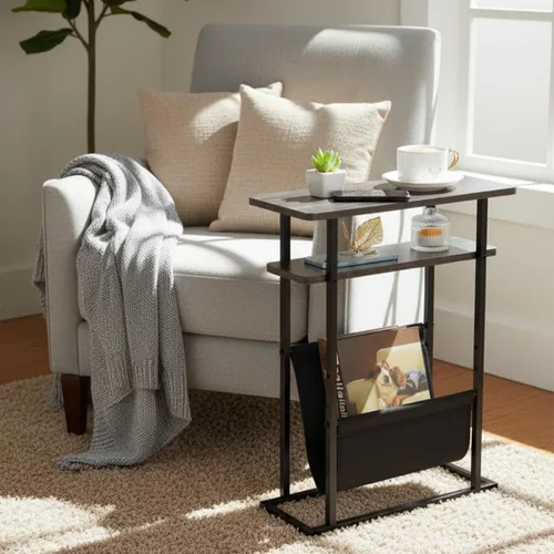 Miniatura 2 de Mesa auxiliar estrecha y pequeña para espacios pequeños, mesa auxiliar delgada con revistero, mesa auxiliar estrecha para sala de estar, sofá, Gris