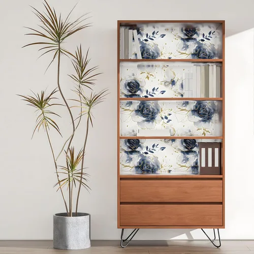 Miniatura 3 de Papel Tapiz Floral Blanco Despegar y Pegar Acuarela Azul/Dorado Flores Papel de Contacto Papel de Pared Moderno Impermeable Autoadhesivo
