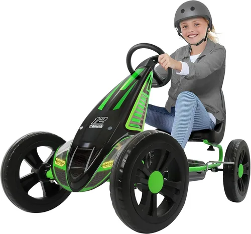 Miniatura 9 de Hauck Cyclone Junior Racing Go Kart con llantas de 12 pulgadas, pedales estilo carrera y freno de 8 bolas, verde lima - Juguete de paseo para niños