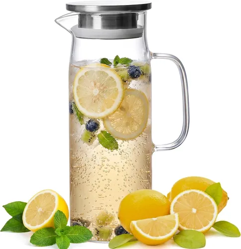 Miniatura 8 de hjn Jarra de vidrio con tapa, jarra de agua de vidrio con asa, jarra de agua para refrigerador, bebidas frías o calientes, té helado, leche, jugo